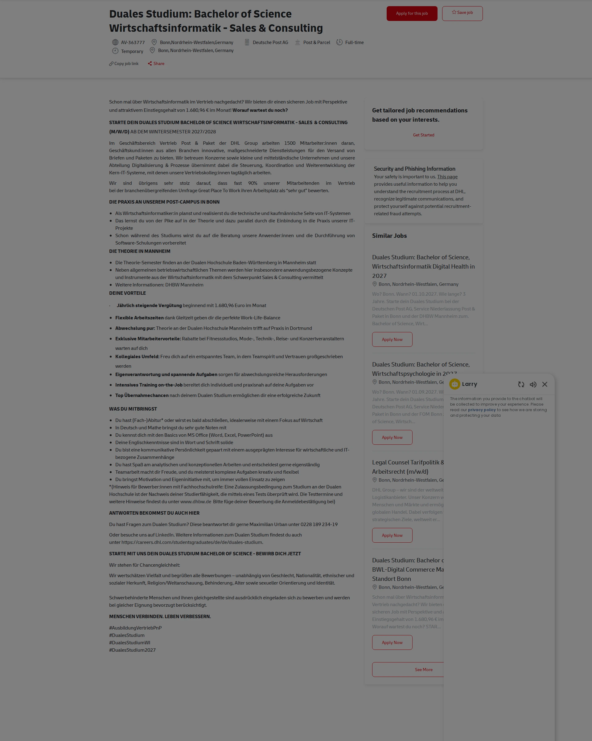 DHL Duales Studium: Bachelor of Science Wirtschaftsinformatik - Sales & Consulting 채용공고