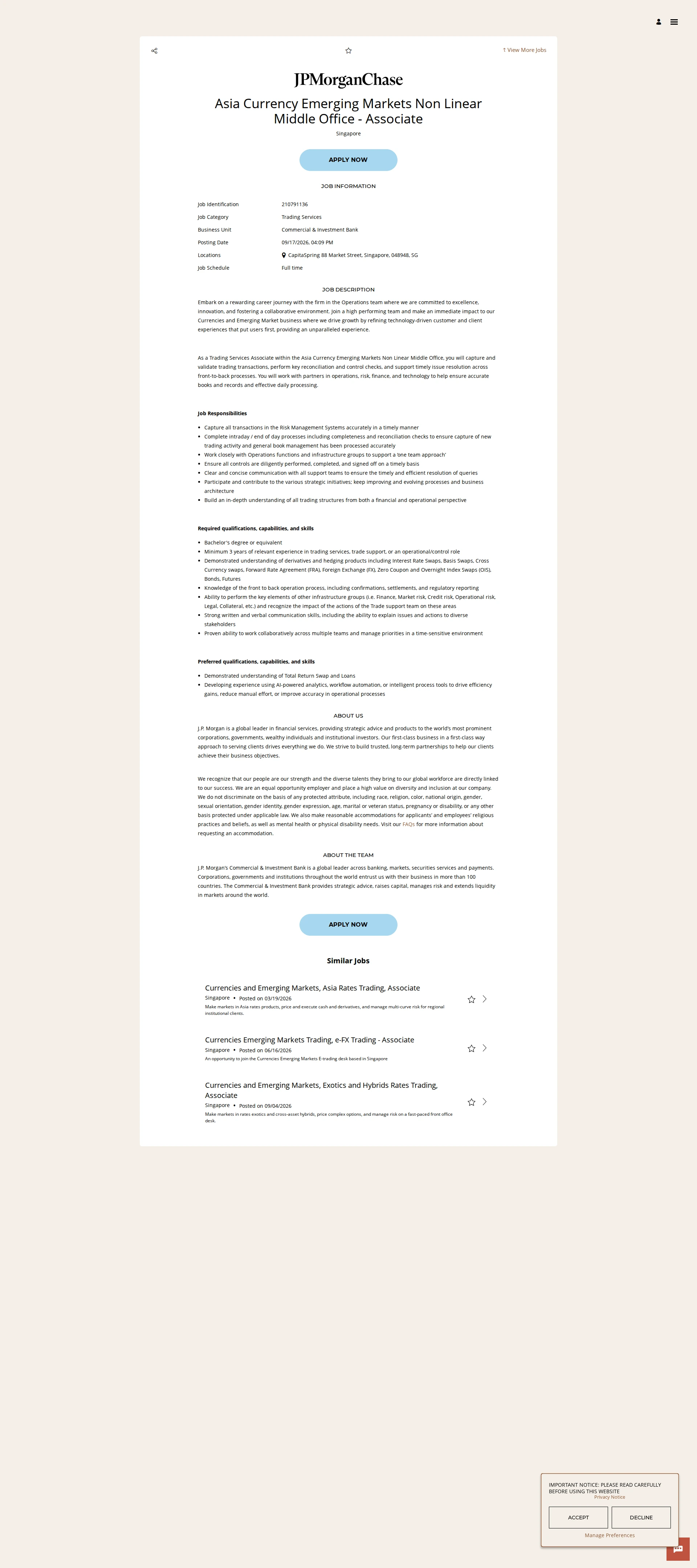 JPMorganChase Asia Currency Emerging Markets Non Linear Middle Office - Associate 채용공고