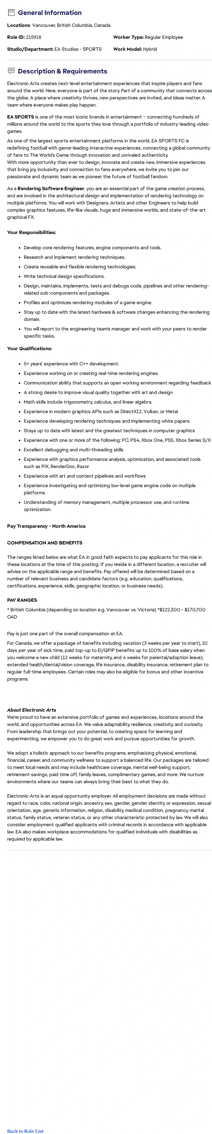 ElectronicArts Advanced Rendering Software Engineer - FC 채용공고