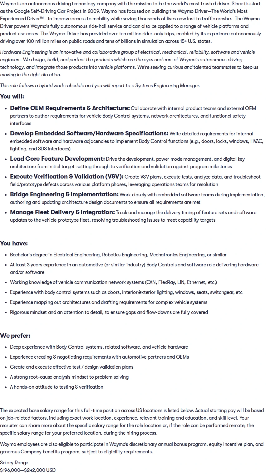 웨이모 Senior Systems Engineer,  Vehicle Body Control Systems 채용공고