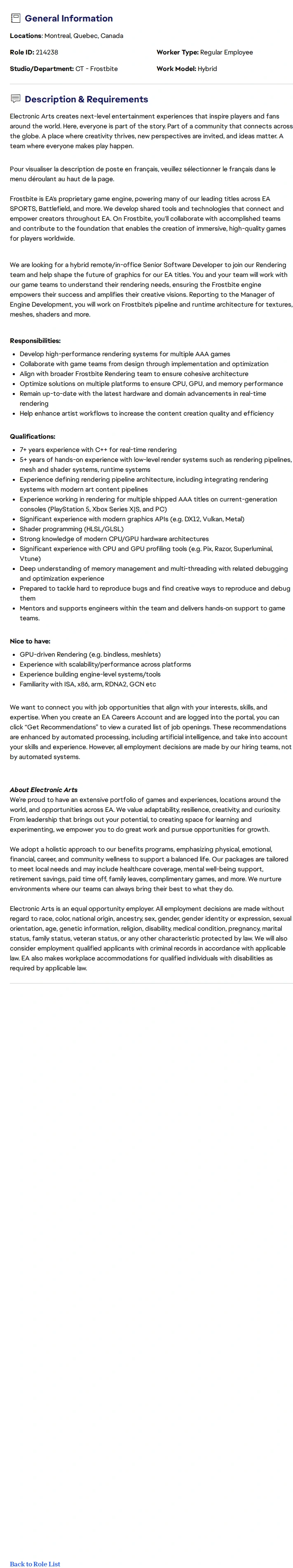 ElectronicArts Développeur.se sénior.e de logiciels - Systèmes de rendu/Senior Software Developer 채용공고