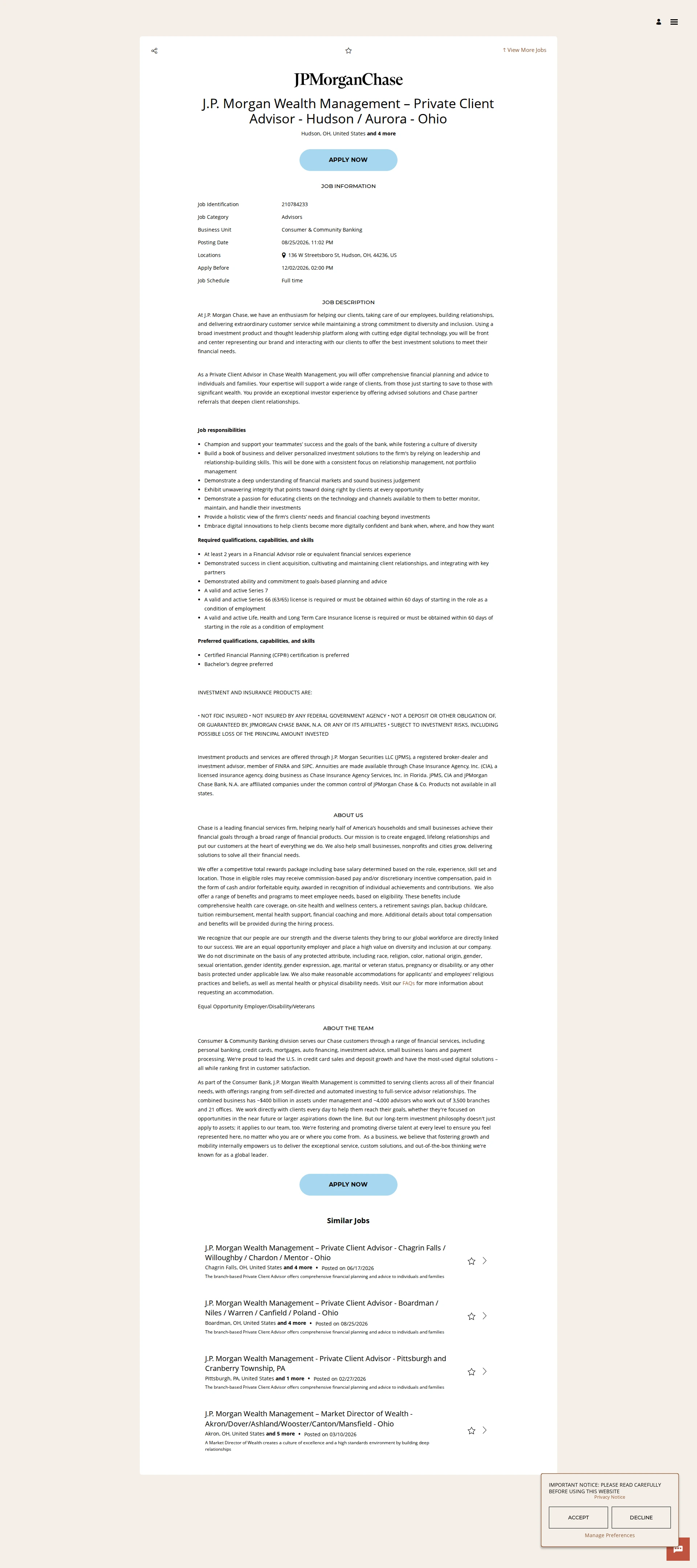 JPMorganChase J.P. Morgan Wealth Management – Private Client Advisor - Hudson / Aurora - Ohio 채용공고