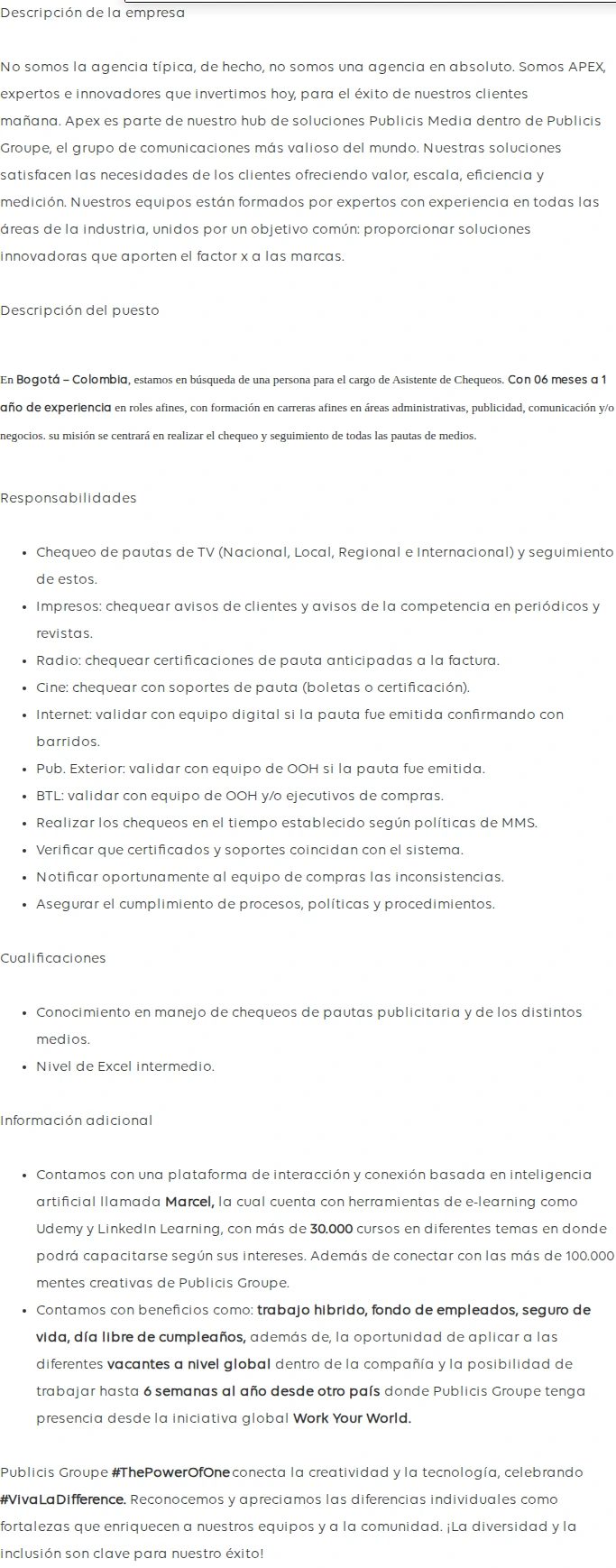 Publicis Groupe Asistente de Chequeos 채용공고