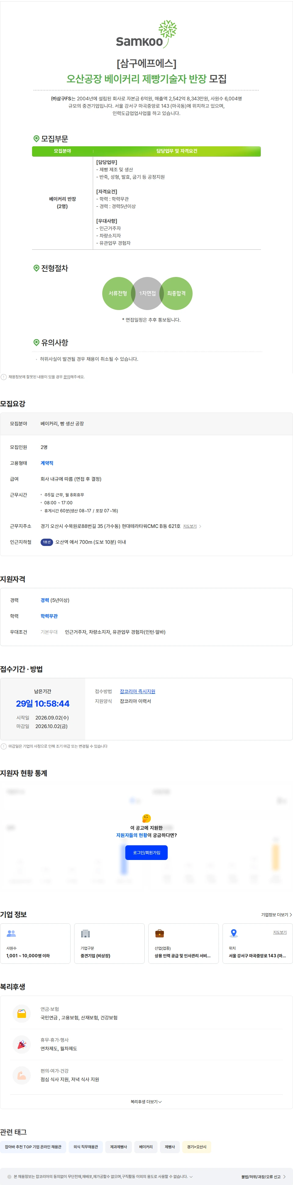 삼구FS 삼구에프에스 오산공장 베이커리 제빵기술자 반장 모집 채용공고