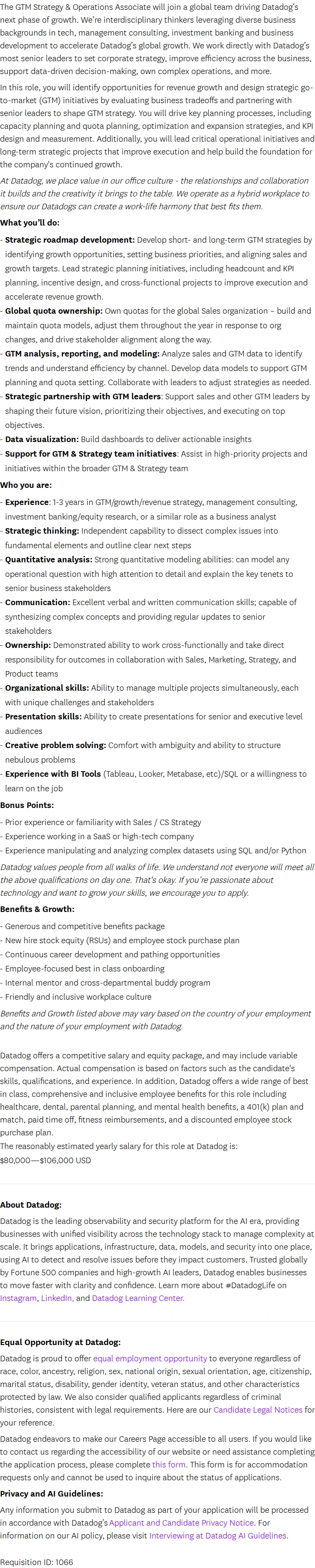 데이터독 GTM Strategy/Operations Associate 채용공고