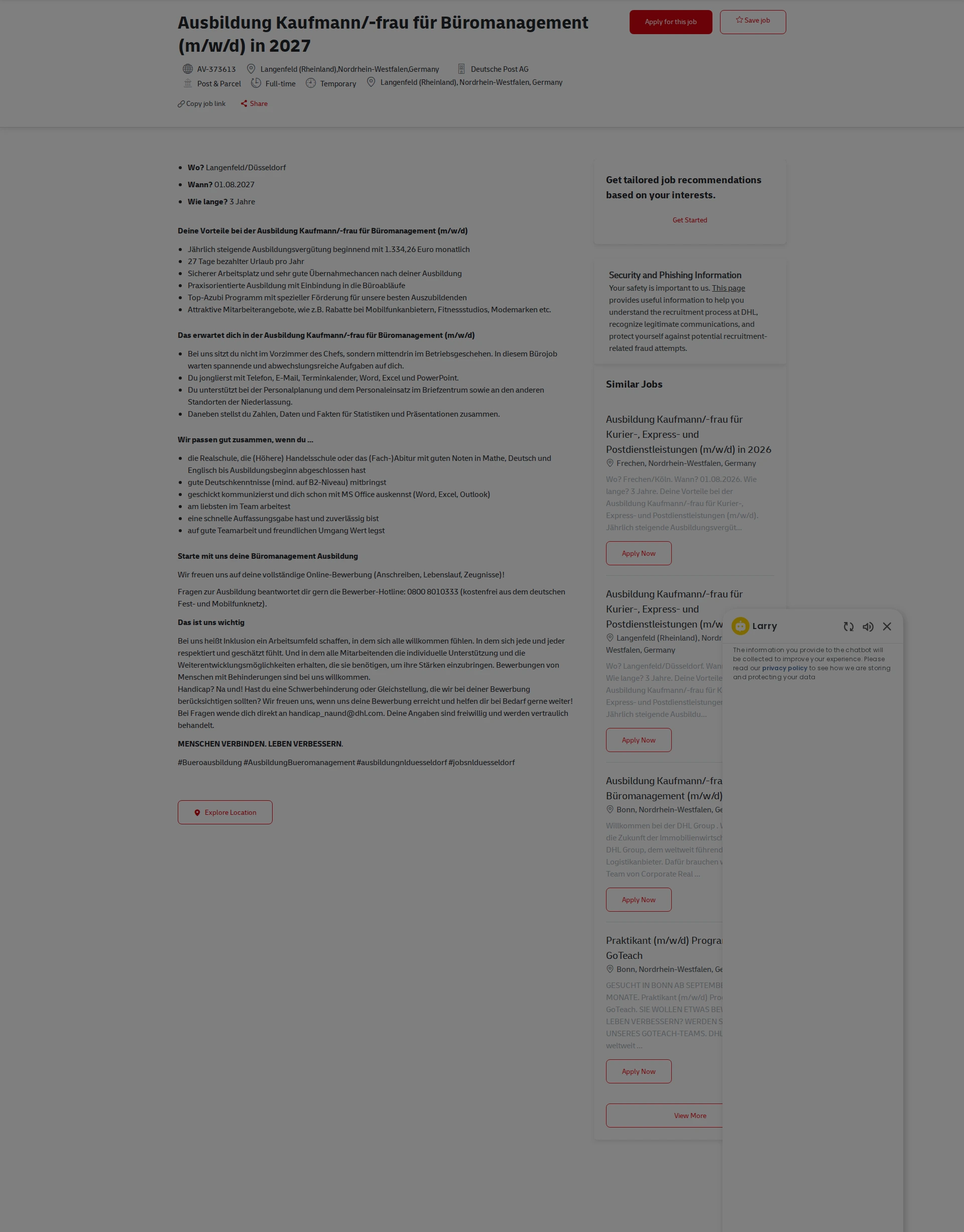 DHL Ausbildung Kaufmann/-frau für Büromanagement (m/w/d) in 2027 채용공고