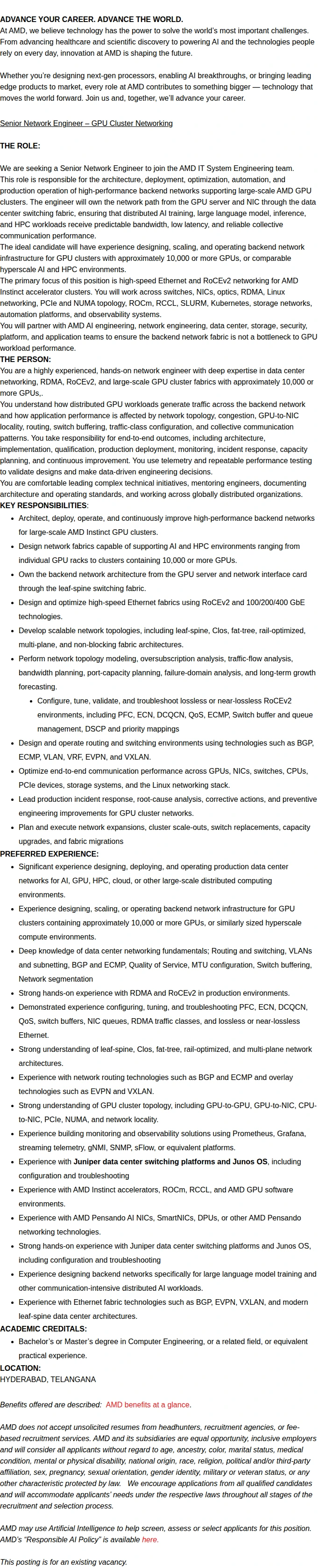 AMD Senior Network Engineer – GPU Cluster Networking 채용공고