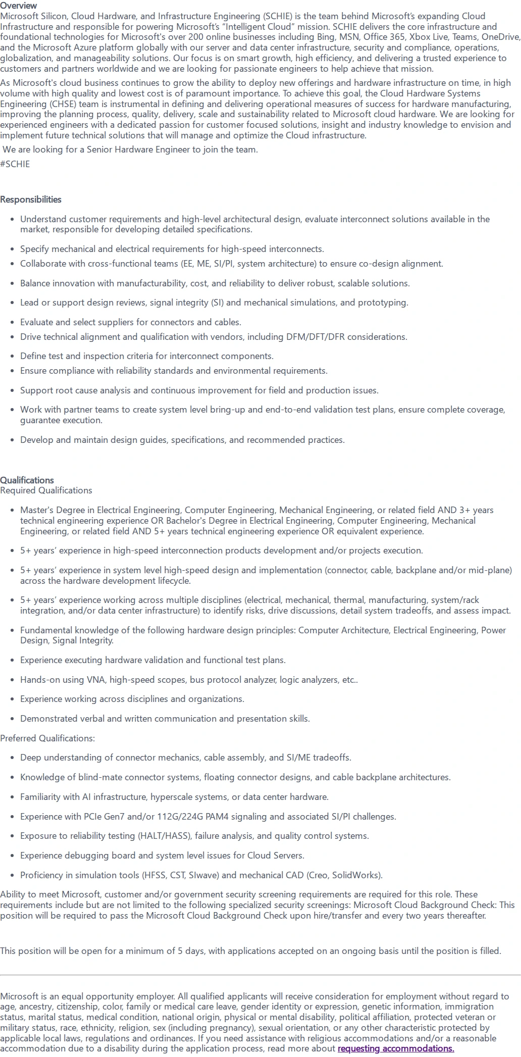 마이크로소프트(Microsoft) Senior Hardware Engineer-Interconnection 채용공고