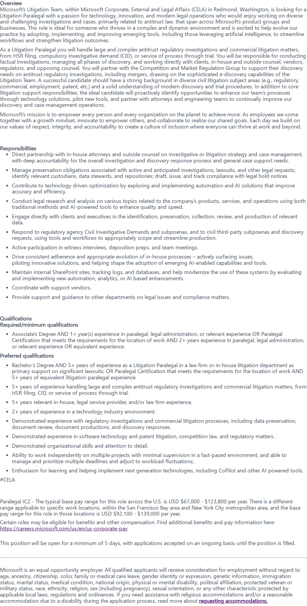 마이크로소프트(Microsoft) Litigation Paralegal - Competition and Market Regulation 채용공고