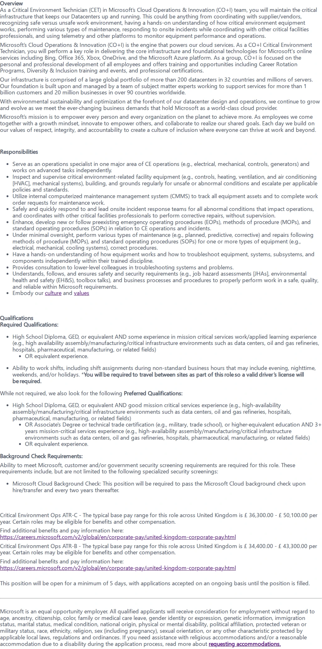 마이크로소프트(Microsoft) Critical Environment Technician (Shifts) 채용공고
