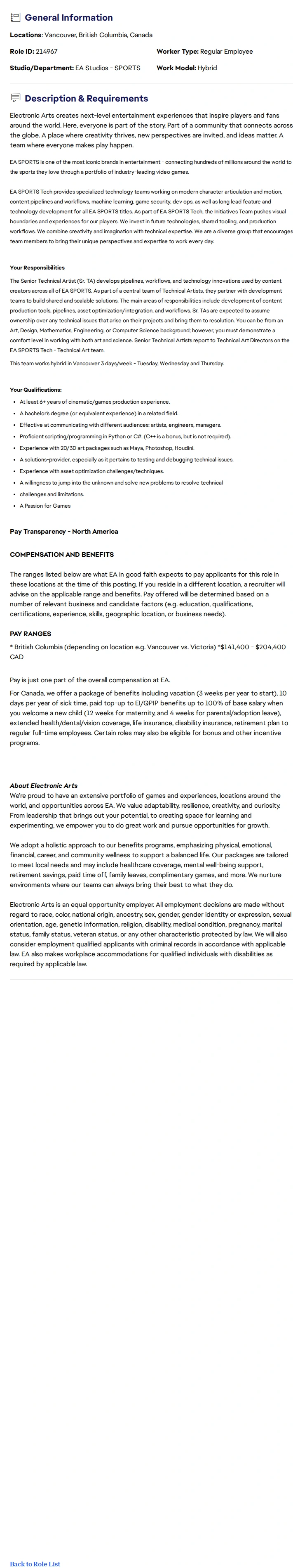 ElectronicArts Senior Technical Artist - EA SPORTS™ Technology 채용공고