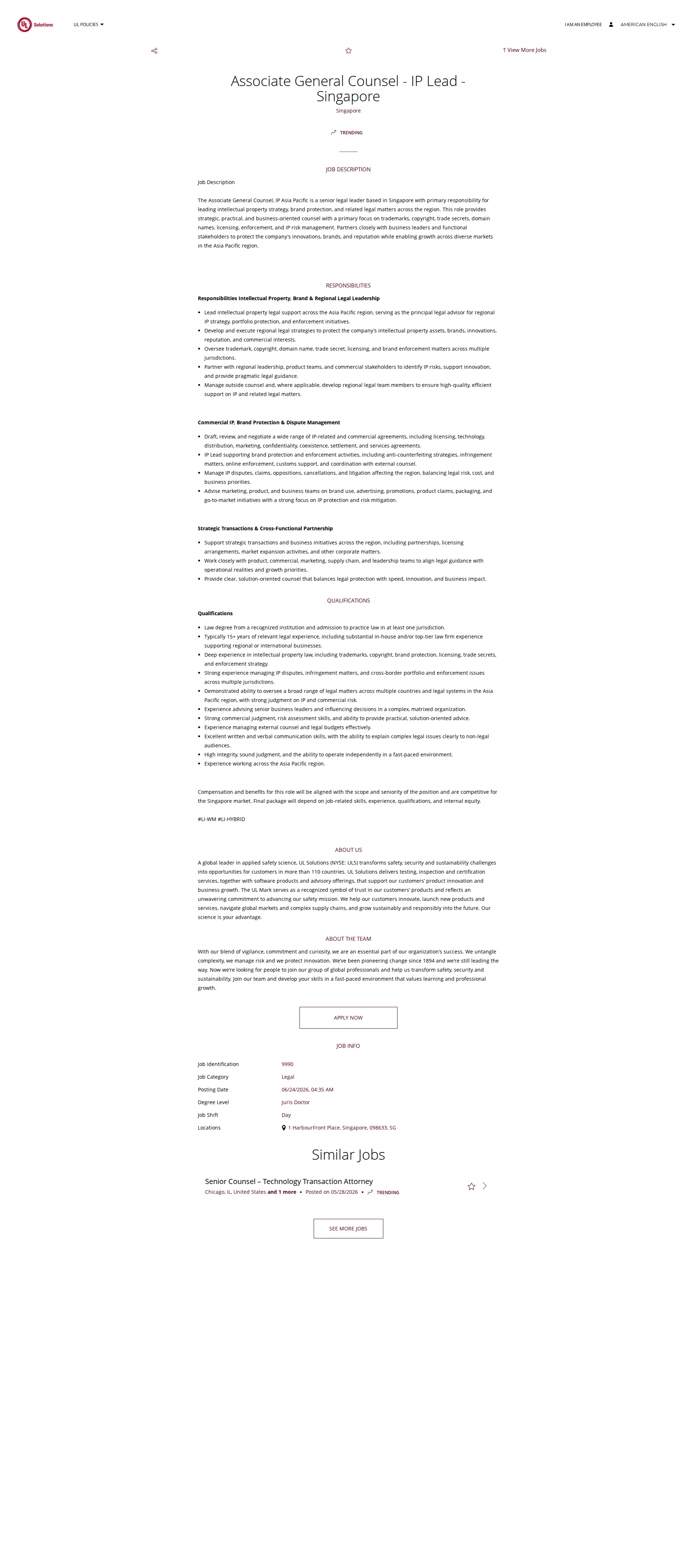 UL Solutions Associate General Counsel - IP Lead - Singapore 채용공고