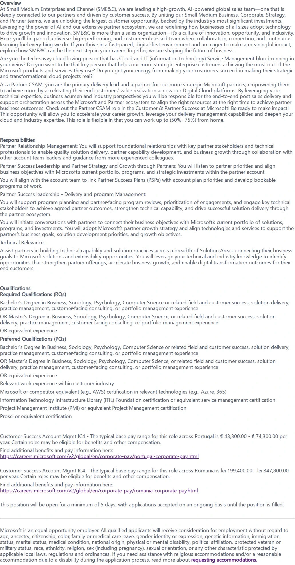마이크로소프트(Microsoft) Customer Success Account Manager (CSAM) for Partners 채용공고