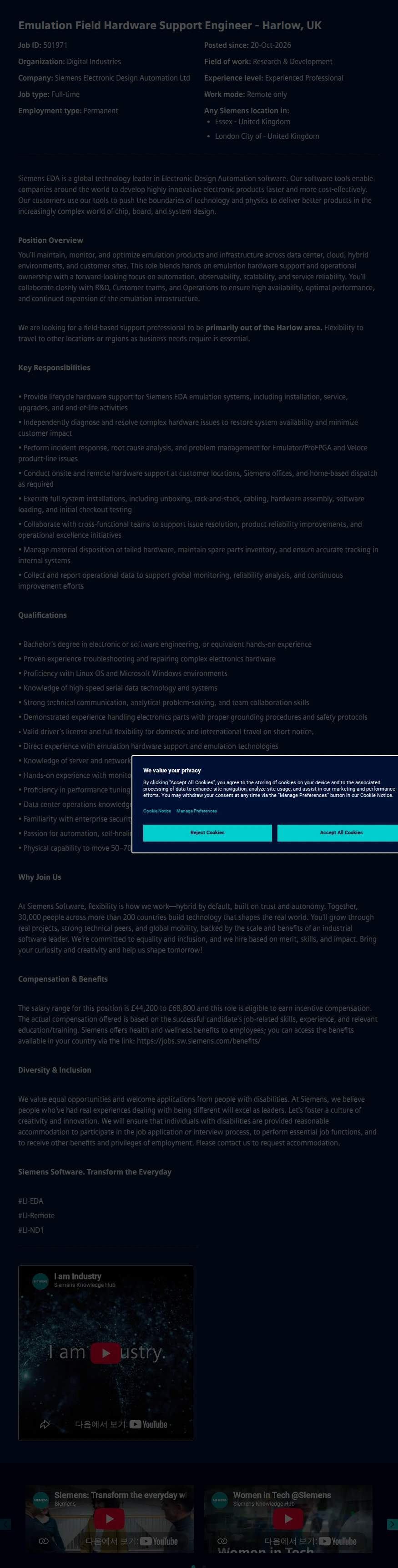 지멘스 Emulation Field Hardware Support Engineer - Harlow, UK 채용공고