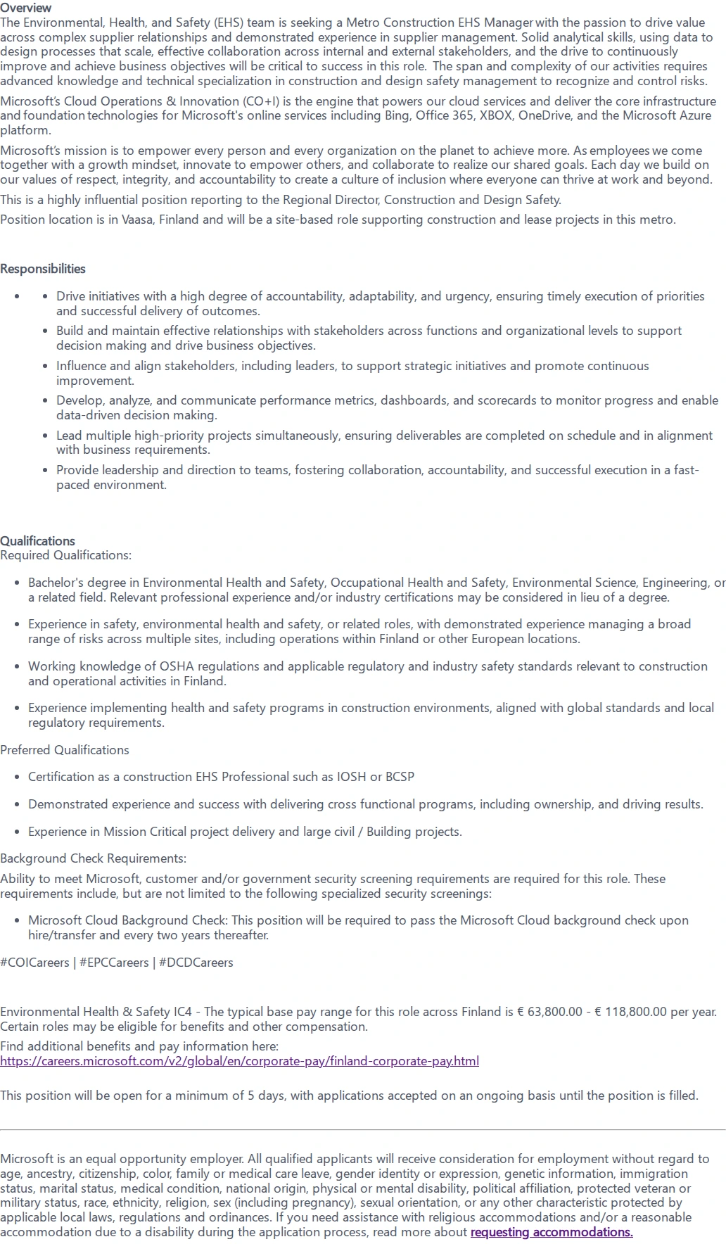 마이크로소프트(Microsoft) Metro Construction EHS Manager - Vaasa 채용공고
