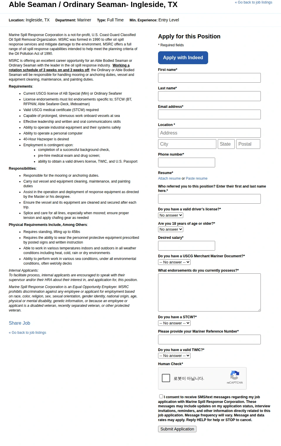 Marine Spill Response Corporation Able Seaman / Ordinary Seaman- Ingleside, TX 채용공고