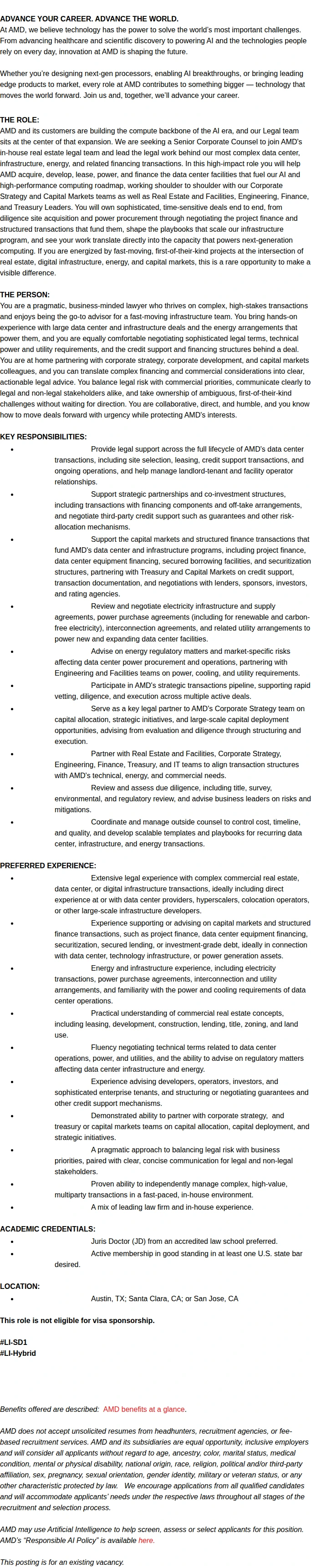 AMD Senior Corporate Counsel Legal- Real Estate 채용공고