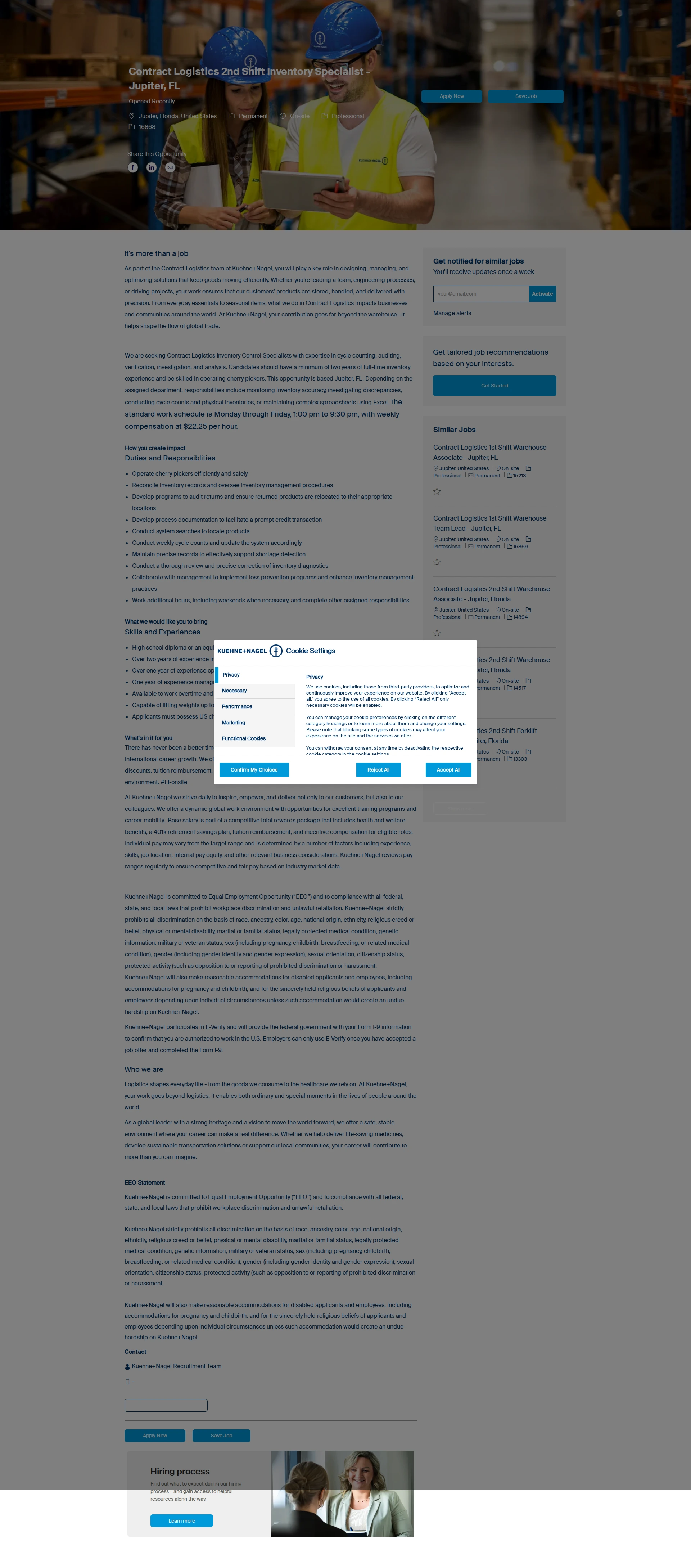 퀴네앤드나겔 Contract Logistics 2nd Shift Inventory Specialist - Jupiter, FL 채용공고