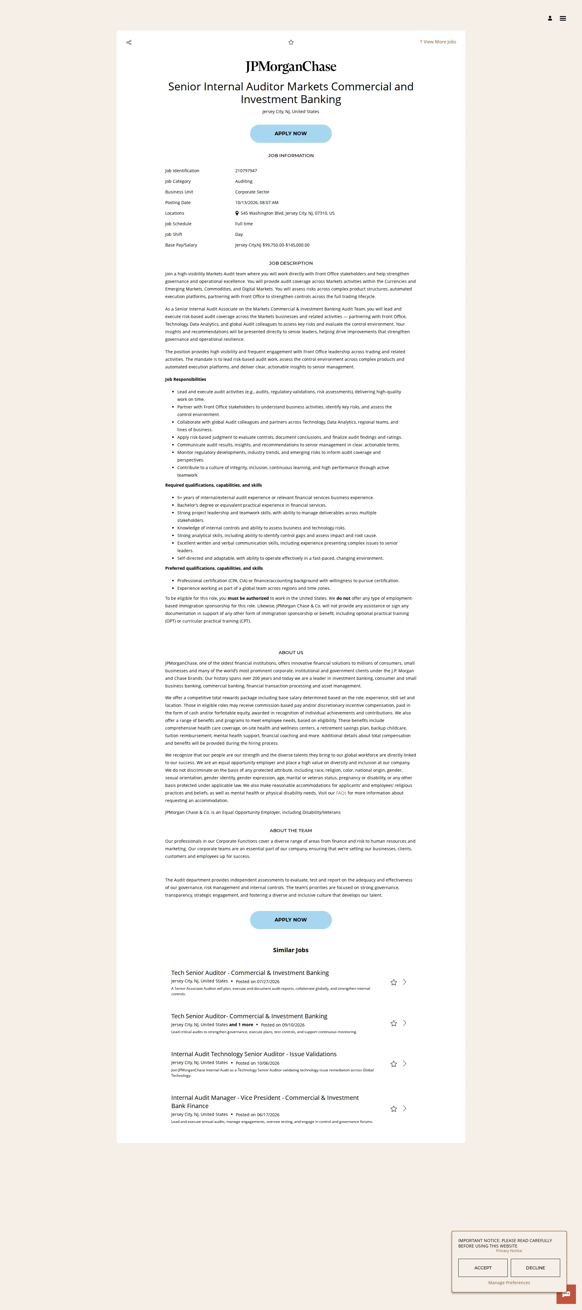 JPMorganChase Senior Internal Auditor Markets Commercial and Investment Banking 채용공고