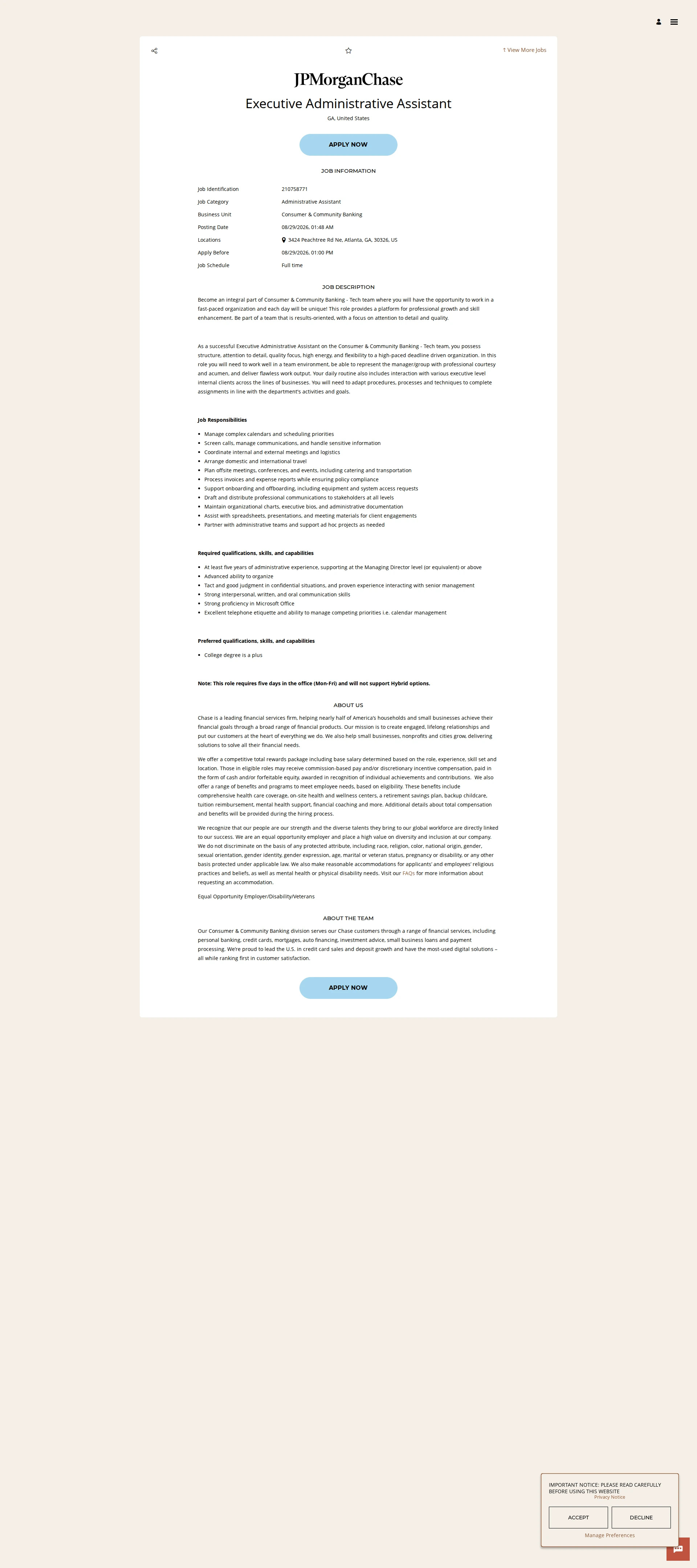 JPMorganChase Executive Administrative Assistant 채용공고