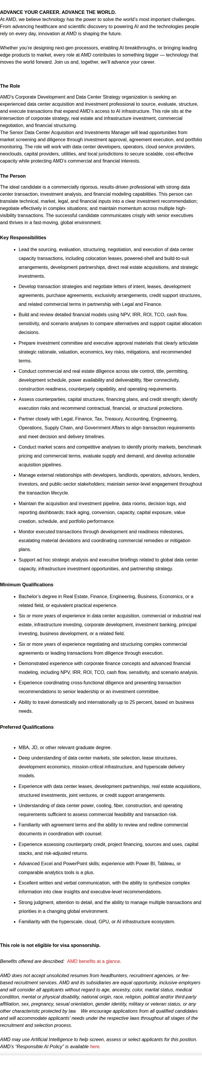 AMD Senior Data Center Acquisition Manager 채용공고