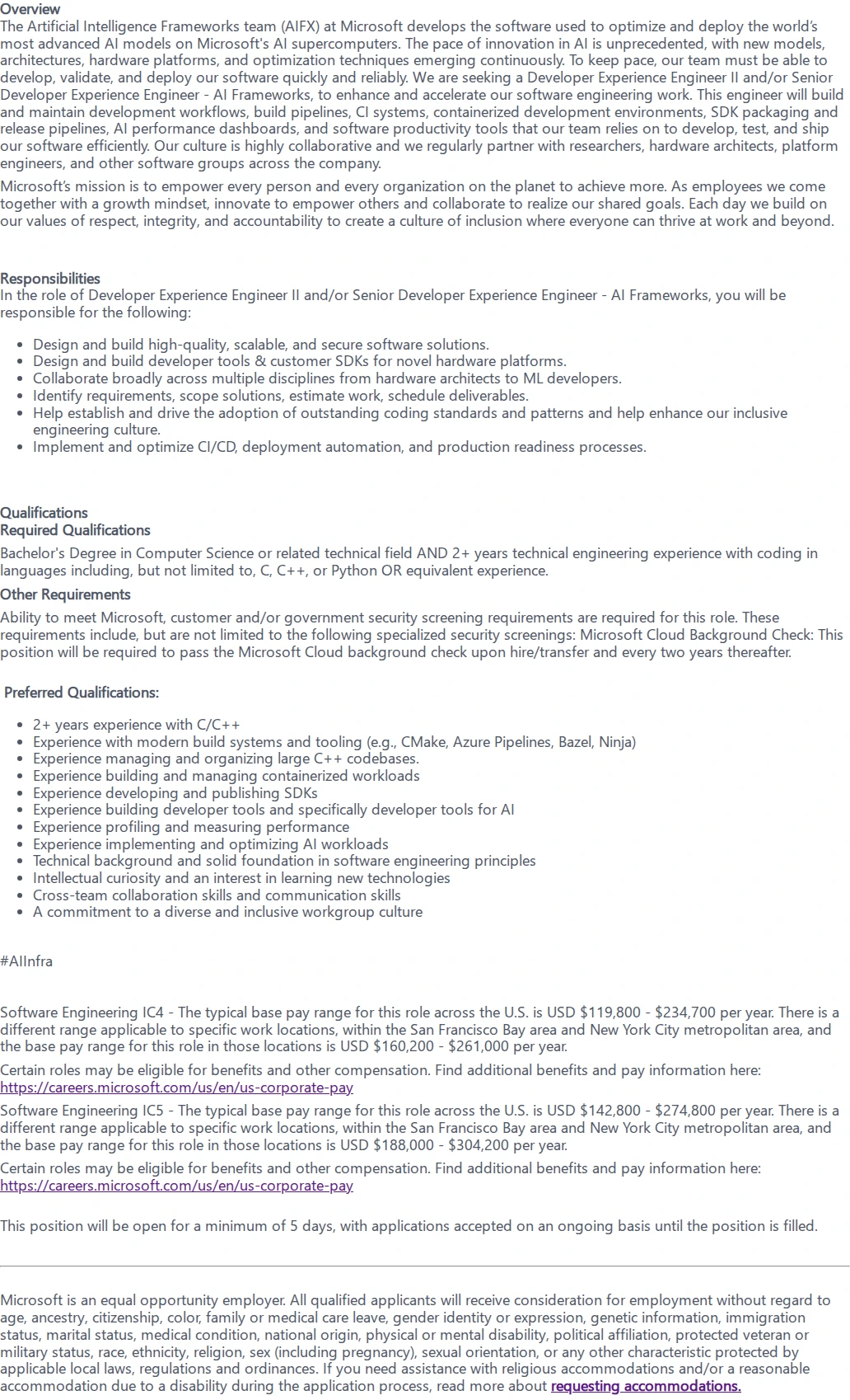 마이크로소프트(Microsoft) Developer Experience Engineer II and/or Senior Developer Experience Engineer - AI Frameworks 채용공고