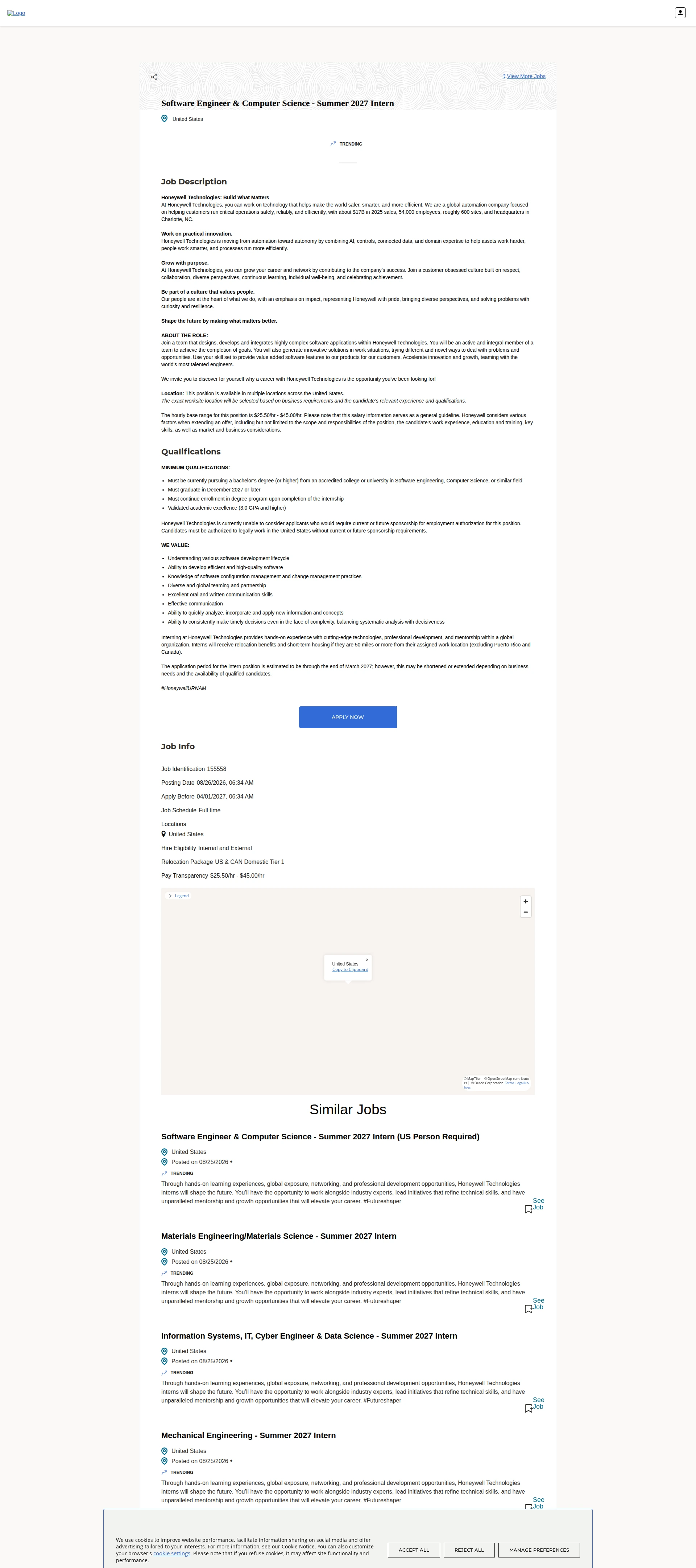 허니웰 Software Engineer & Computer Science - Summer 2027 Intern 채용공고