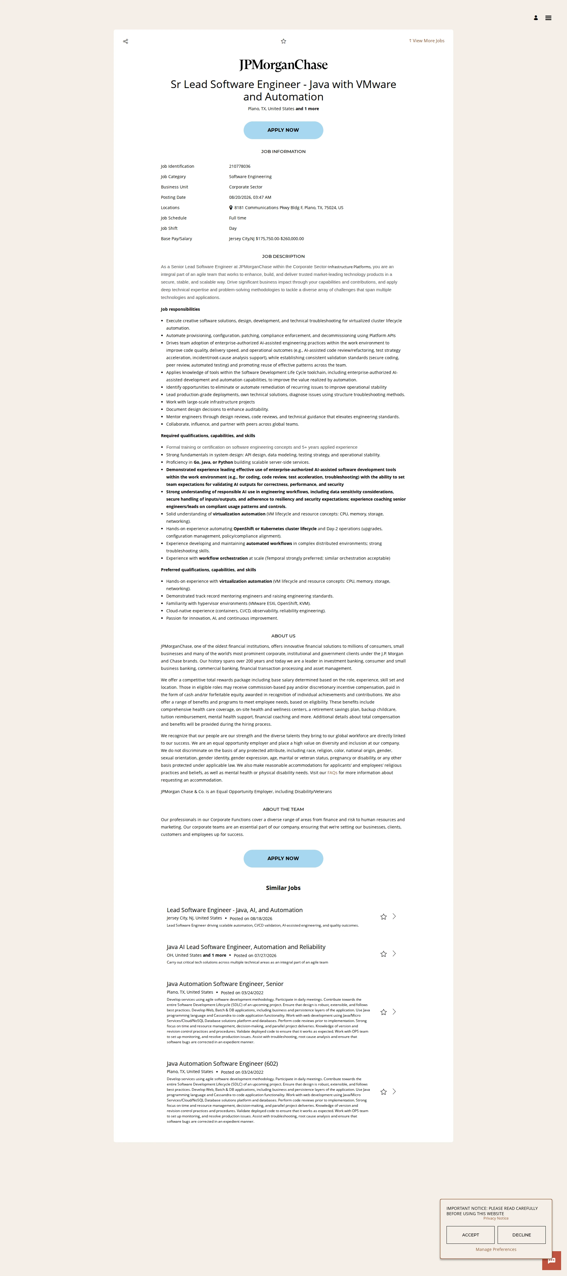 JPMorganChase Sr Lead Software Engineer - Java with VMware  and Automation 채용공고