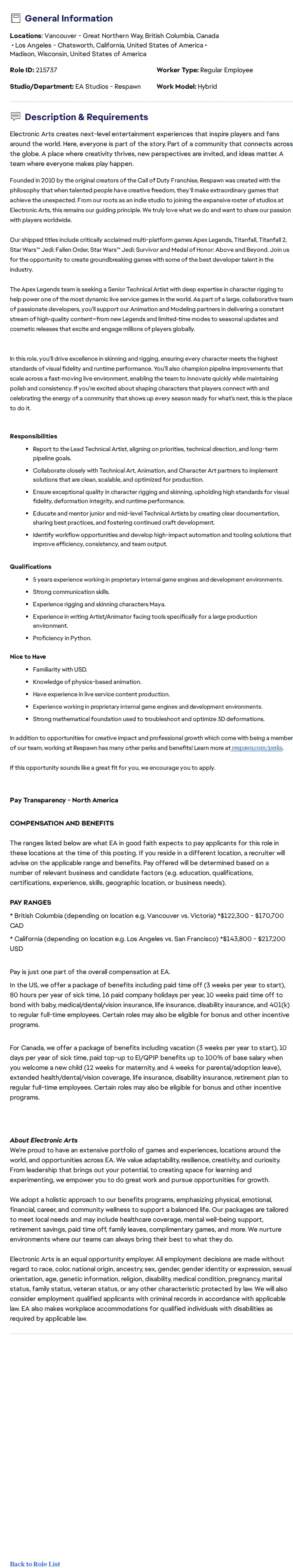 ElectronicArts Senior Technical Artist (Apex Legends) 채용공고