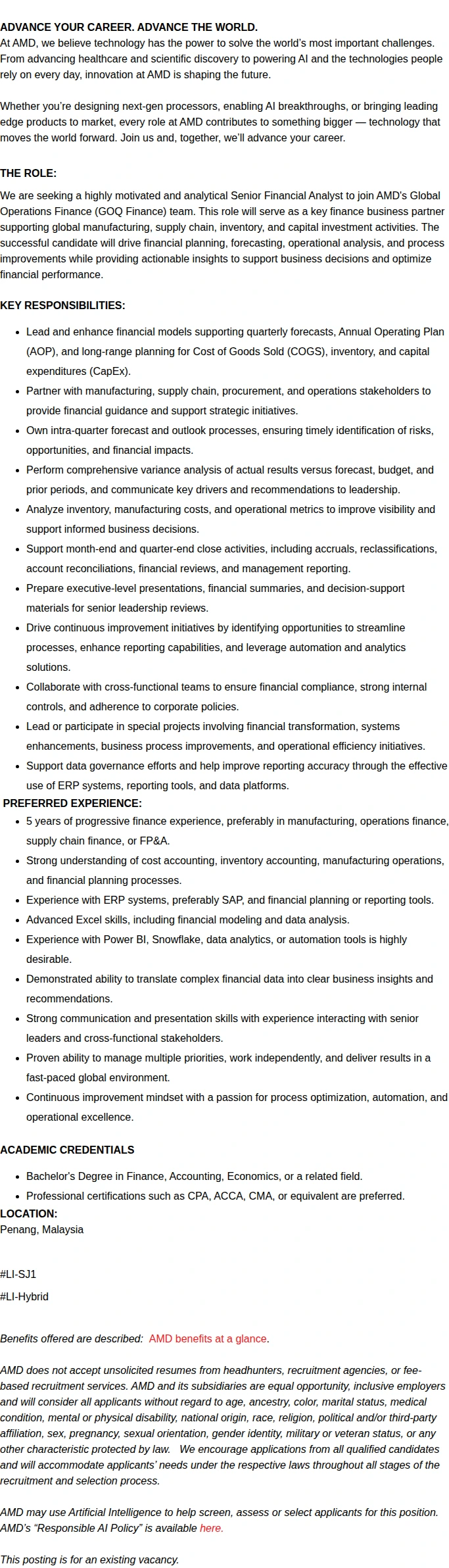 AMD Senior  Financial Analyst - Global Operations FP&A 채용공고