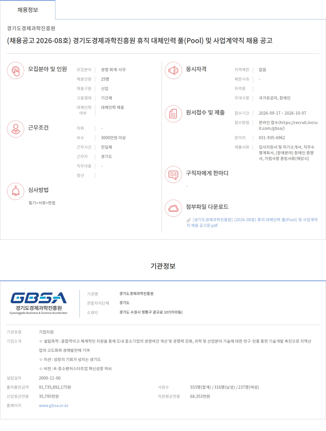 경기도경제과학진흥원 (채용공고 2026-08호) 경기도경제과학진흥원 휴직 대체인력 풀(Pool) 및 사업계약직 채용 공고 채용공고