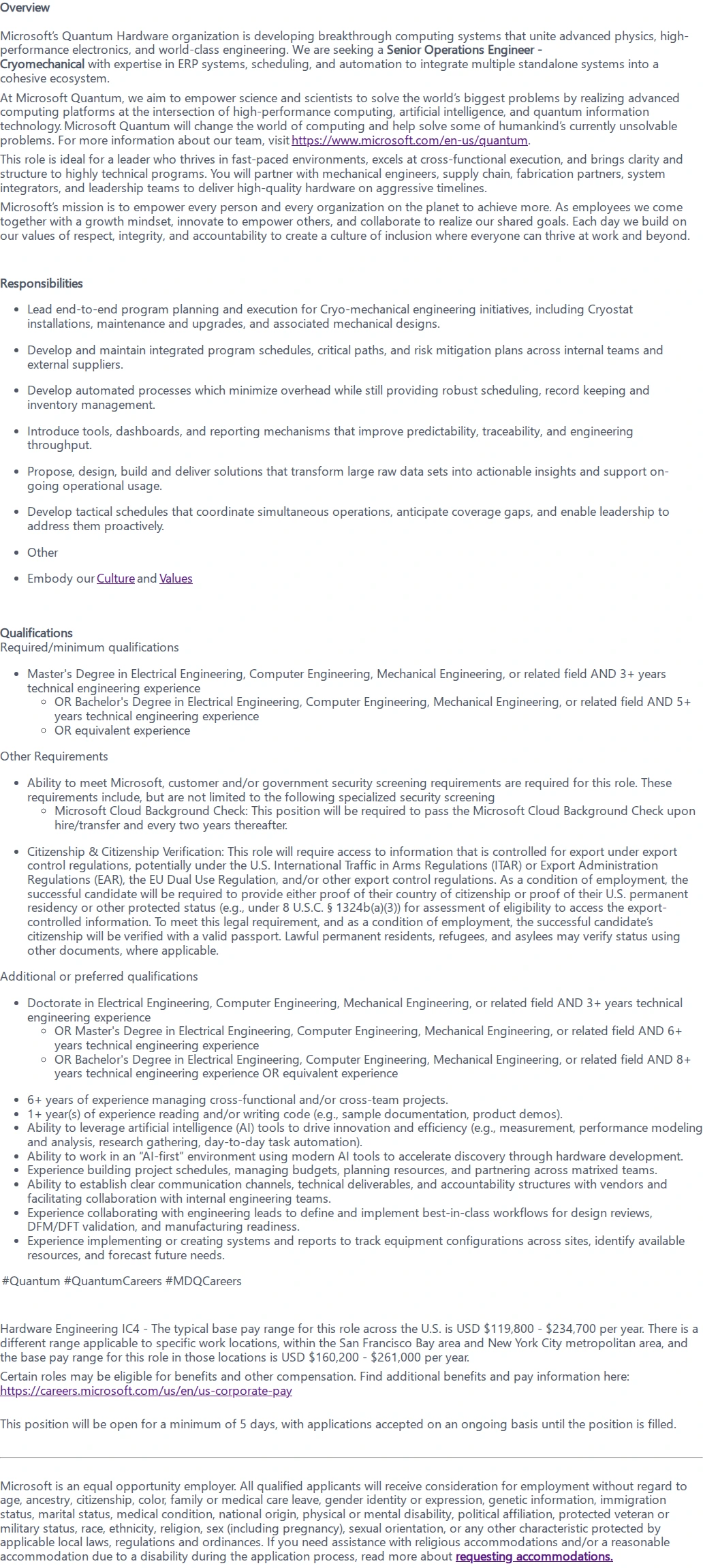 마이크로소프트(Microsoft) Senior Operations Engineer - Cyro-Mechanical 채용공고