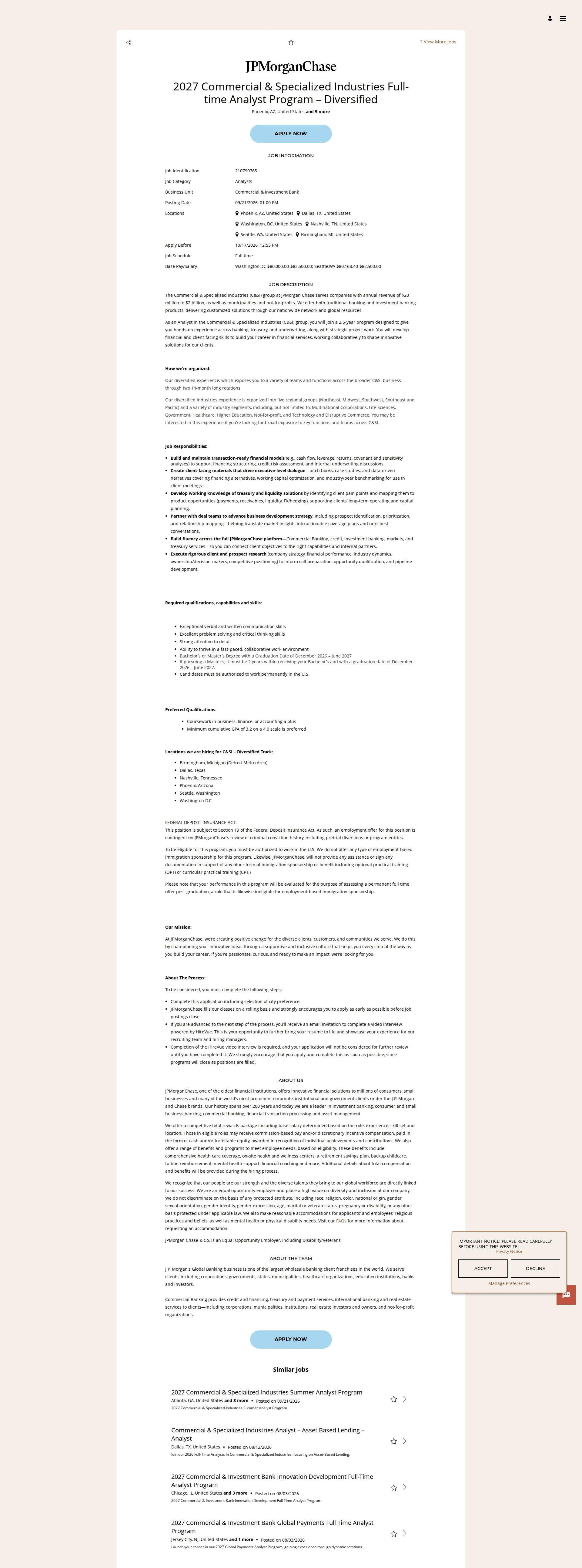 JPMorganChase 2027 Commercial & Specialized Industries Full-time Analyst Program – Diversified 채용공고