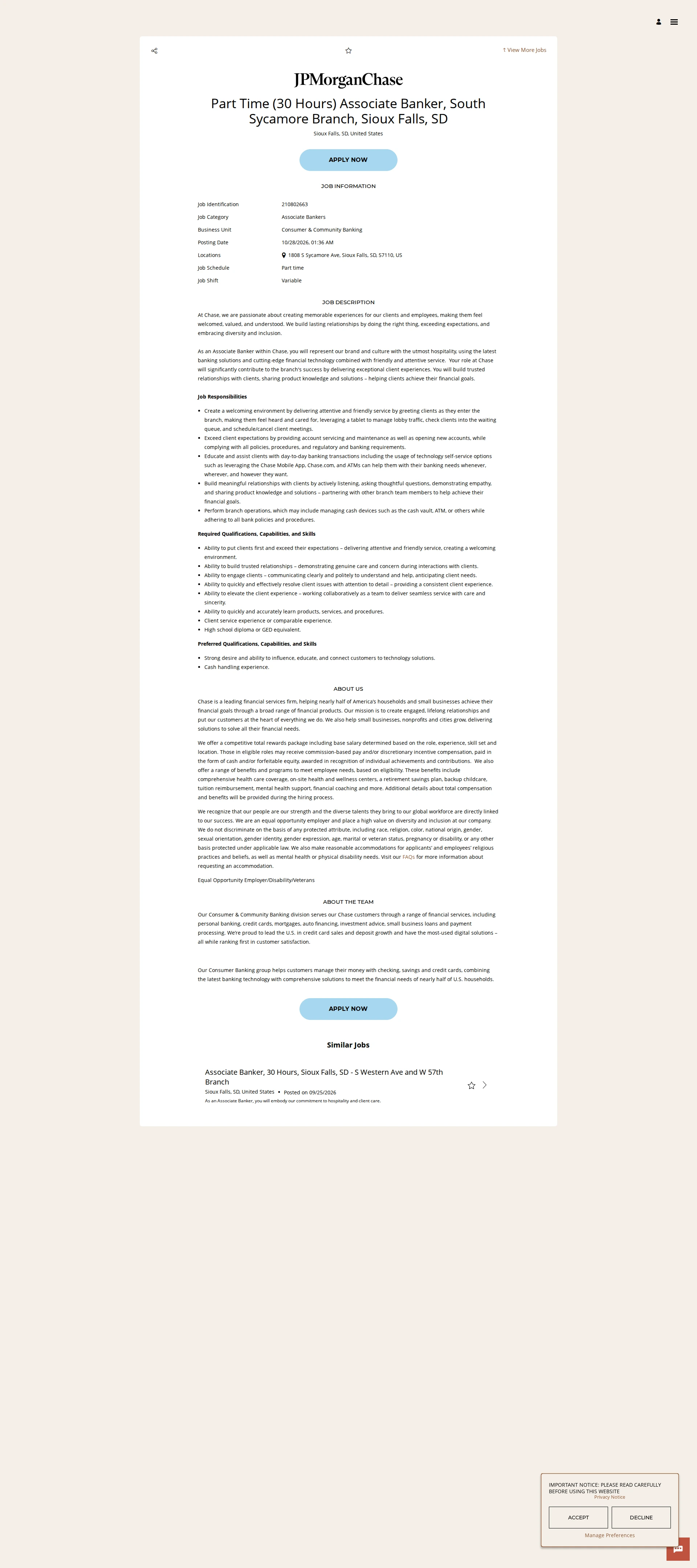 JPMorganChase Part Time (30 Hours) Associate Banker, South Sycamore Branch, Sioux Falls, SD 채용공고