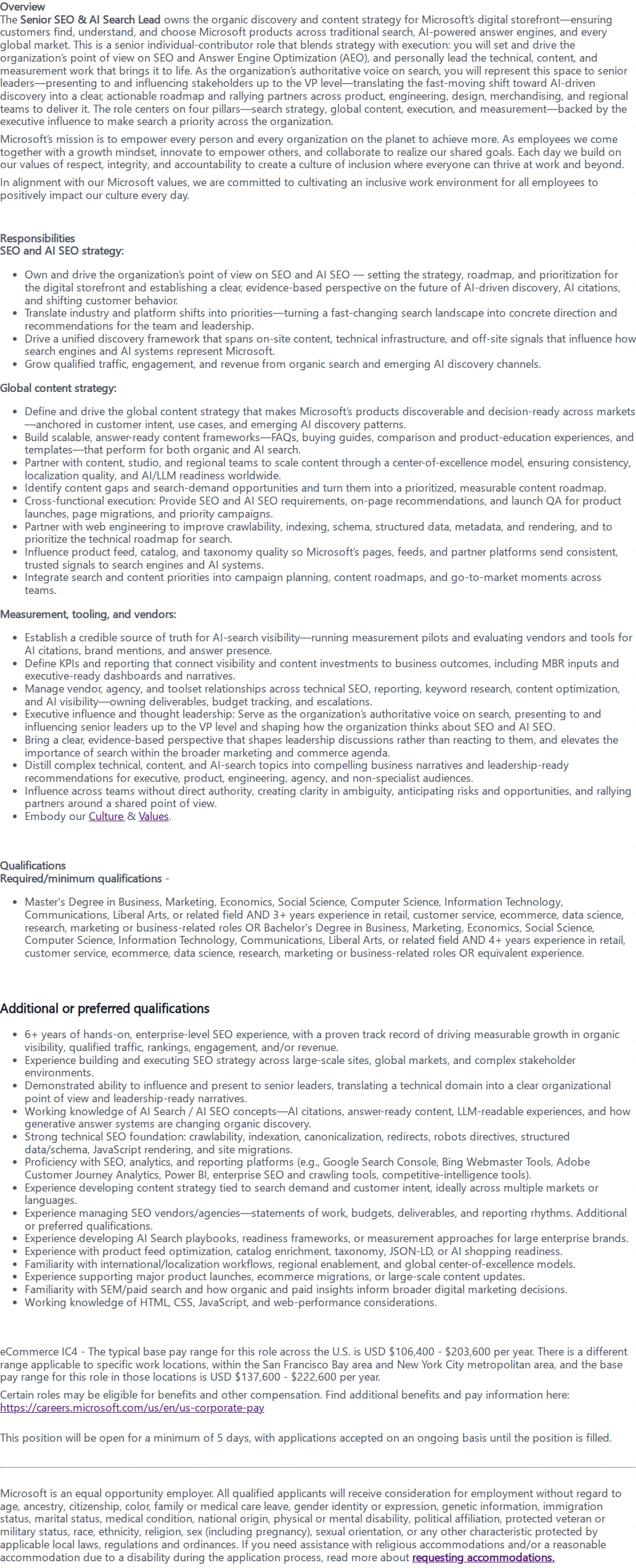 마이크로소프트(Microsoft) Senior SEO & AI Search Lead 채용공고