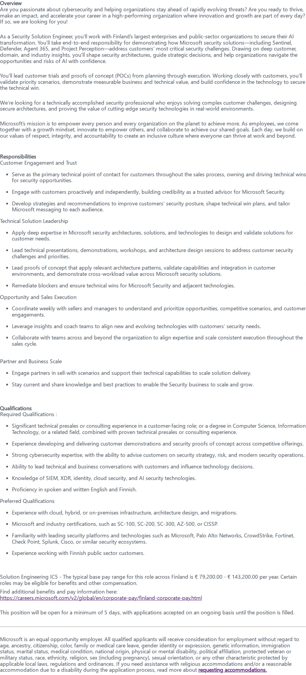 마이크로소프트(Microsoft) Security Solution Engineer 채용공고