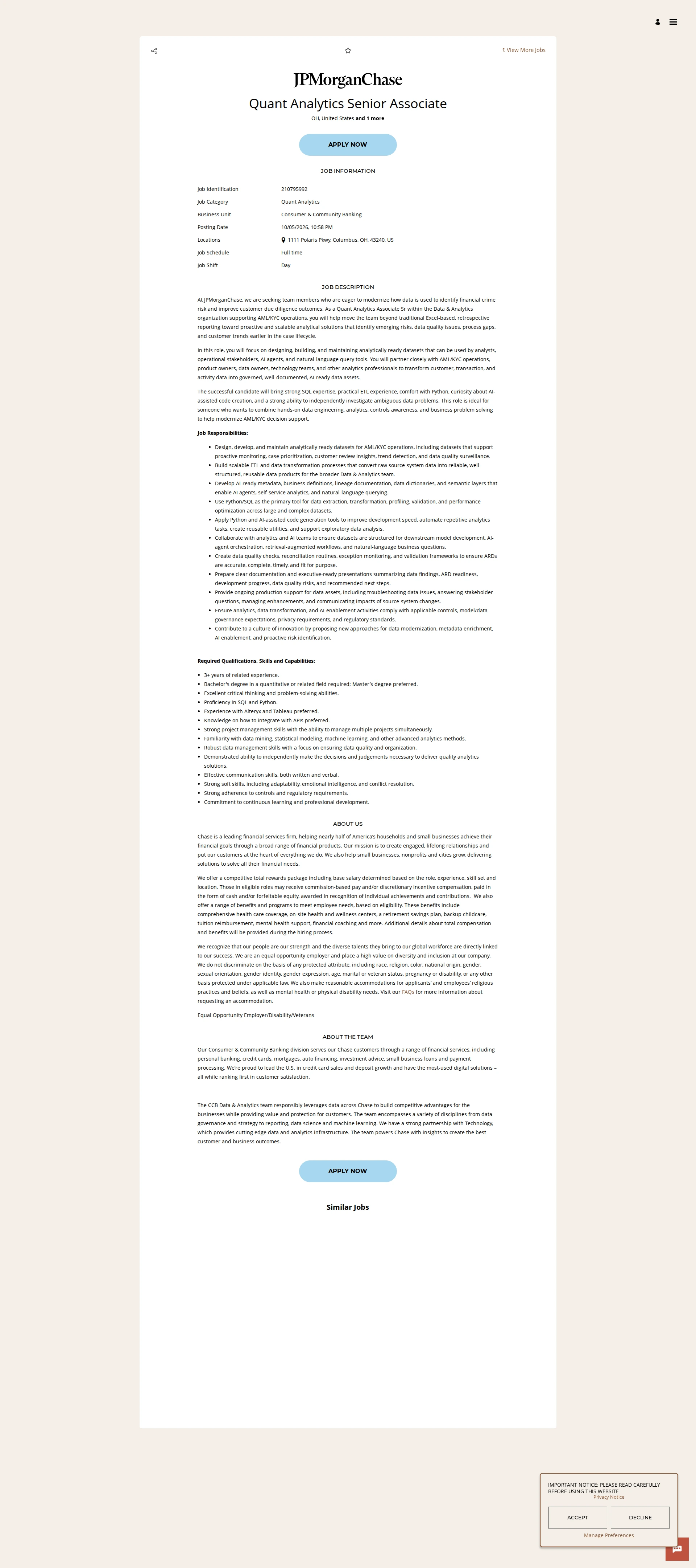 [JPMorganChase] Quant Analytics Senior Associate 채용 | AI_데이터