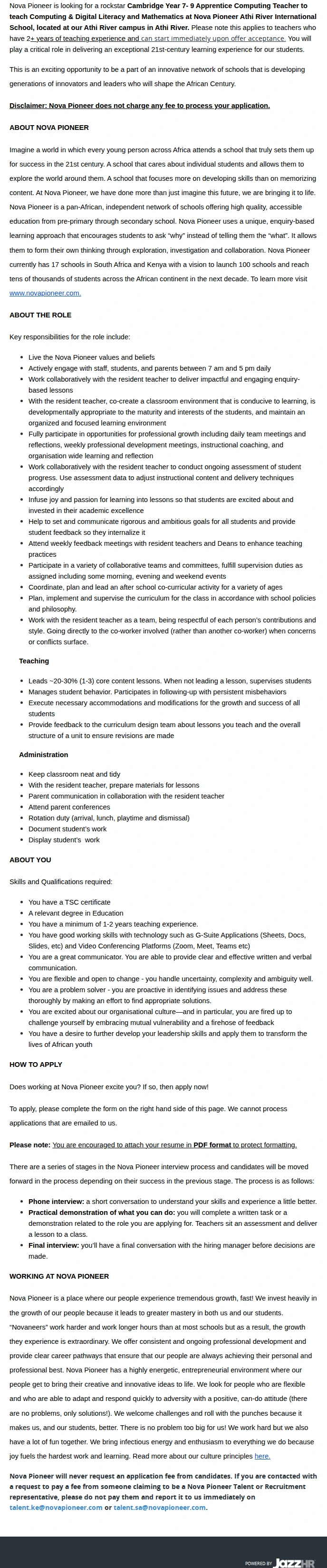 Nova Pioneer Cambridge Year 7-9 Apprentice Computing Teacher (Athi River International) 채용공고