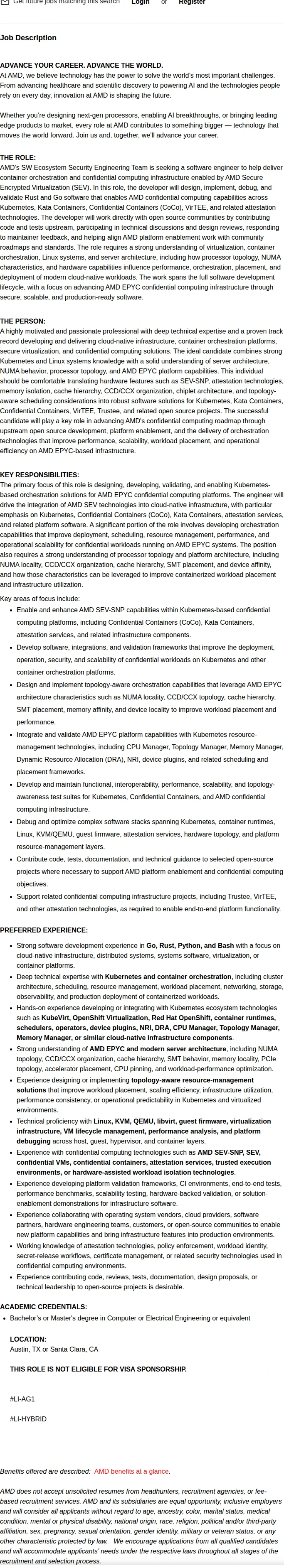 AMD Senior Confidential Computing Software Engineer (Kubernetes & Virtualization) 채용공고