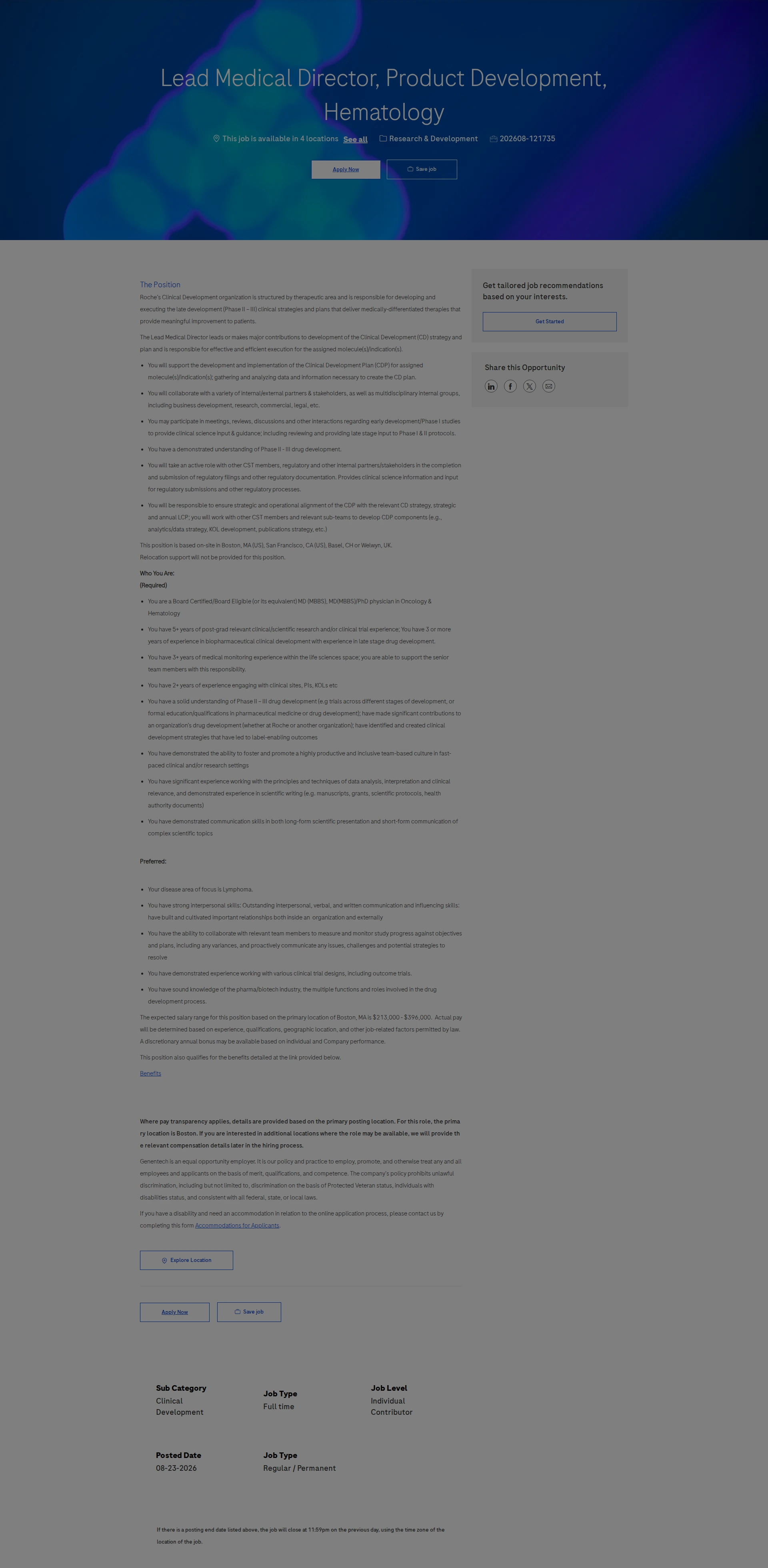 로슈 Lead Medical Director, Product Development, Hematology 채용공고