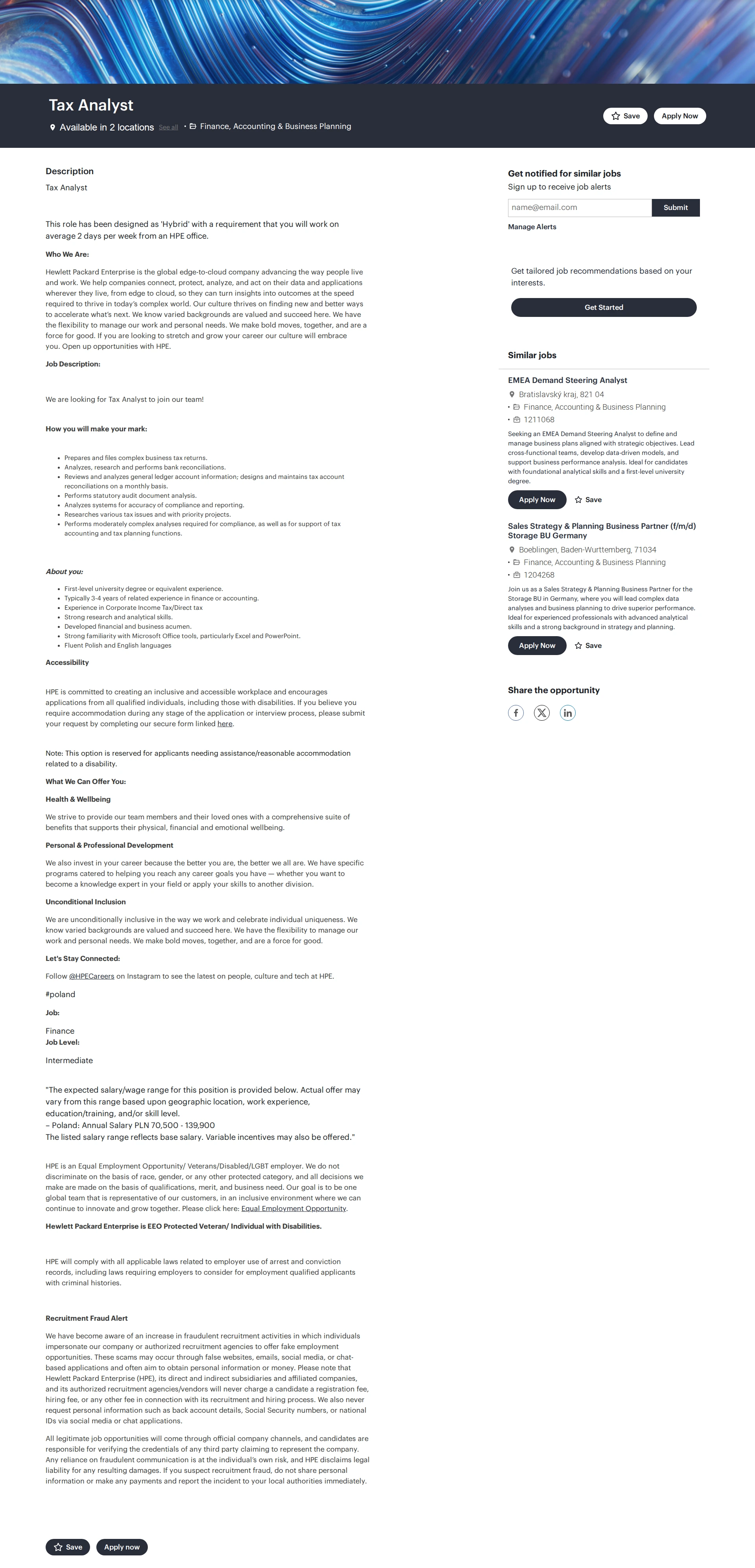 HP Tax Analyst 채용공고