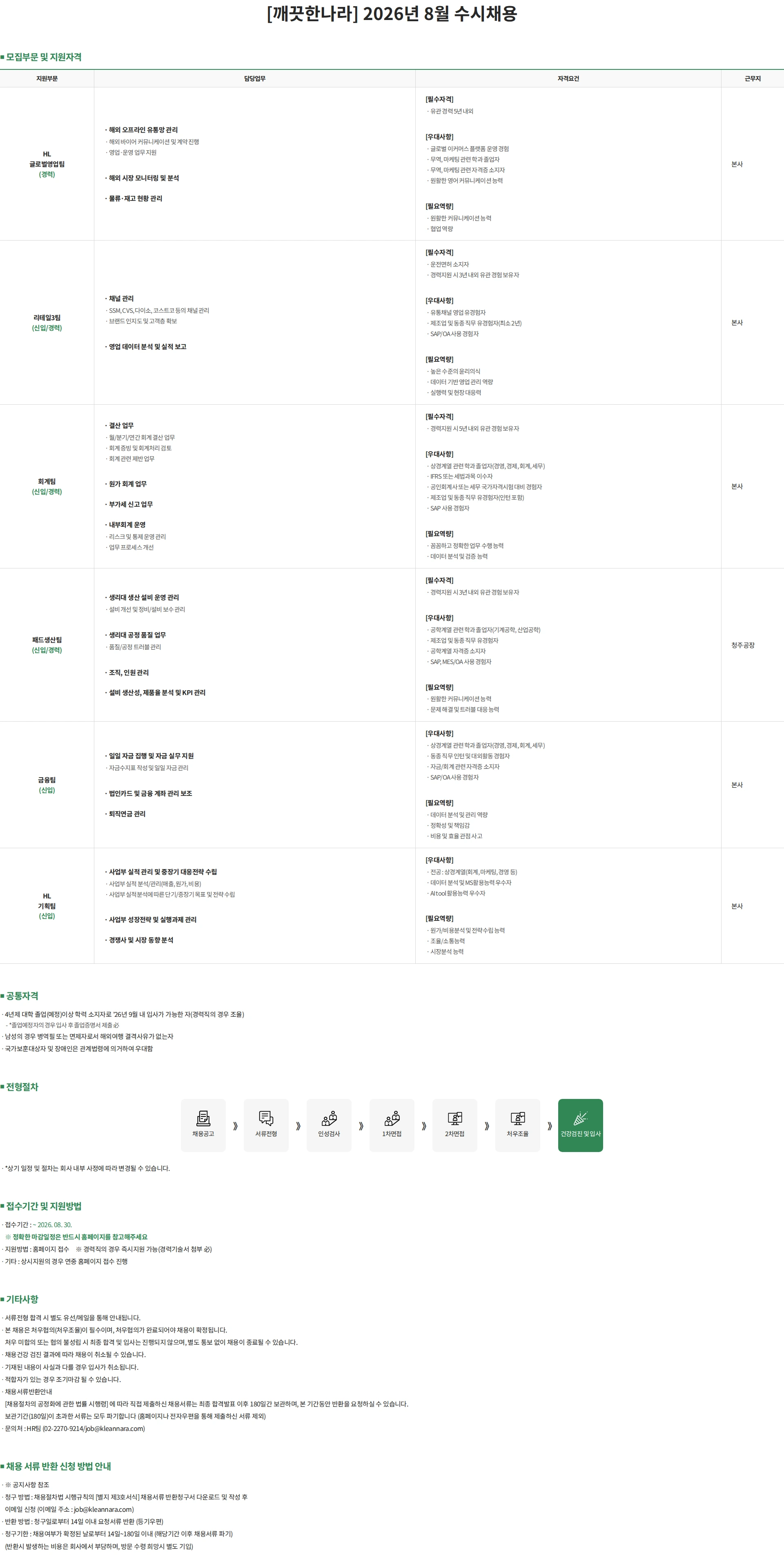 깨끗한나라 2026년 8월 수시채용 채용공고
