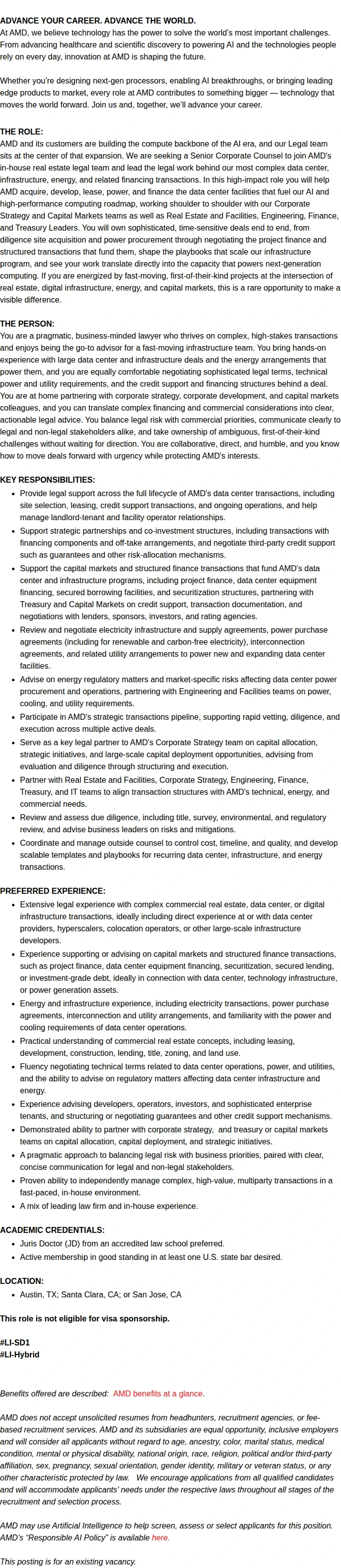 AMD Senior Corporate Counsel Legal- Real Estate 채용공고