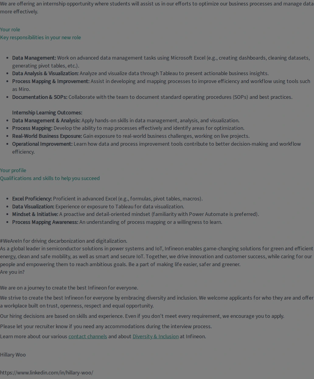 인피니언 Internship - Data Management and Process Mapping 채용공고