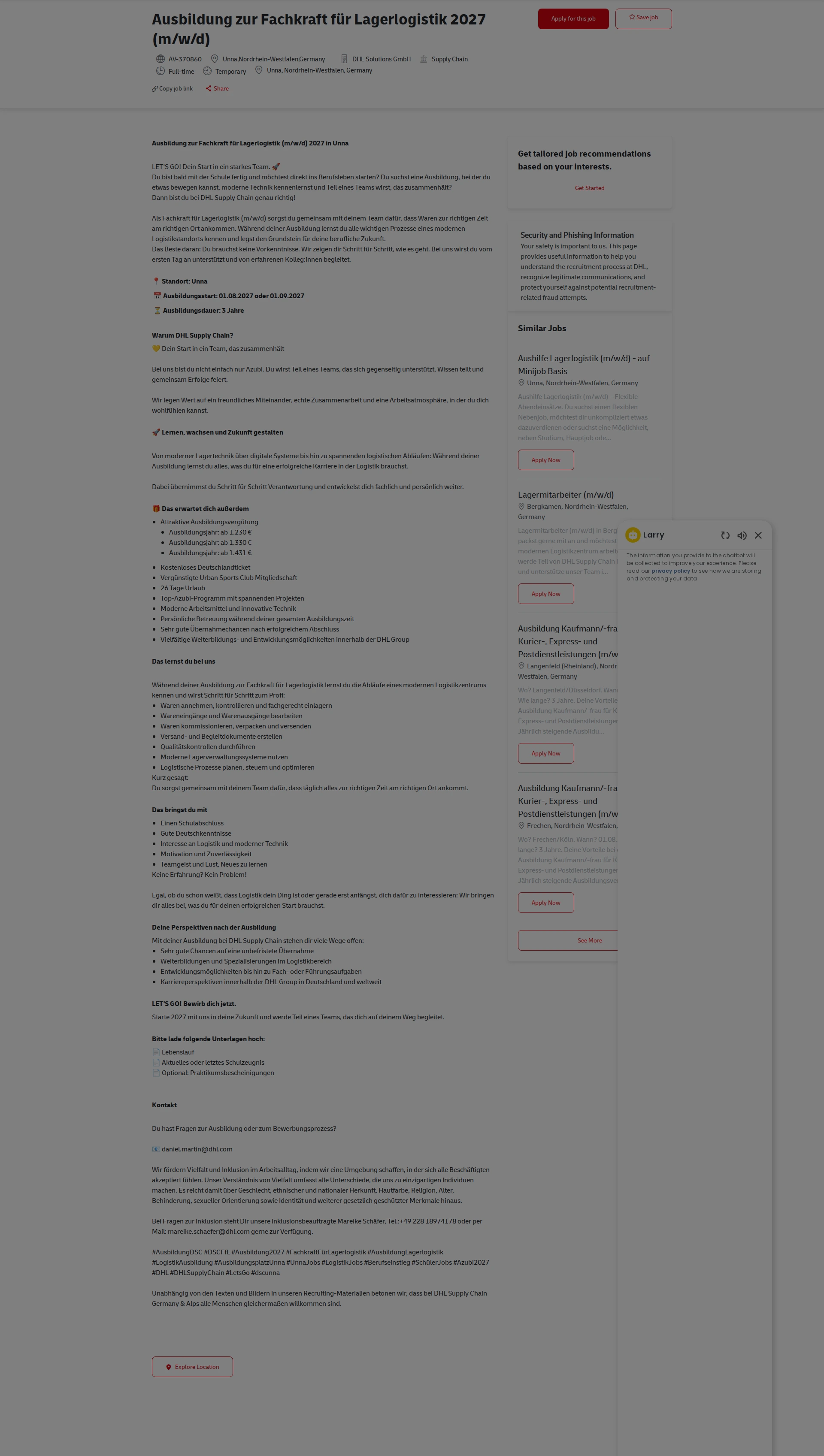 DHL Ausbildung zur Fachkraft für Lagerlogistik 2027 (m/w/d) 채용공고