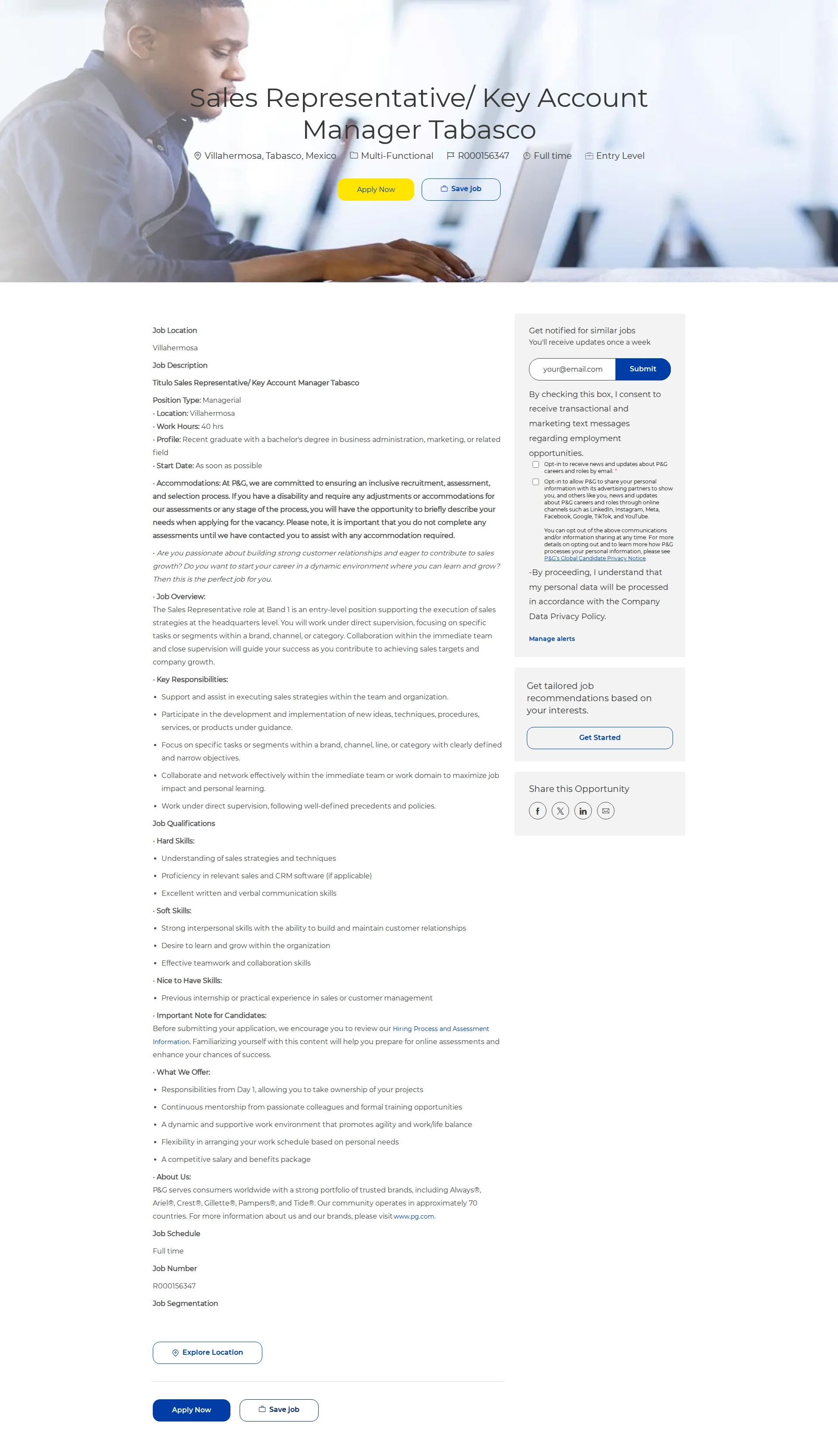P&G Sales Representative/ Key Account Manager Tabasco 채용공고