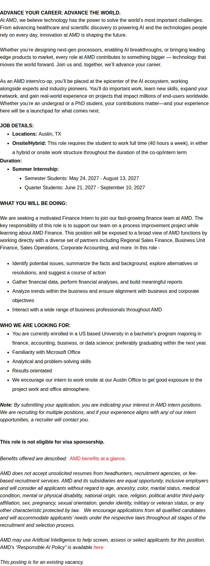 AMD Summer 2027 Undergrad Finance Intern 채용공고