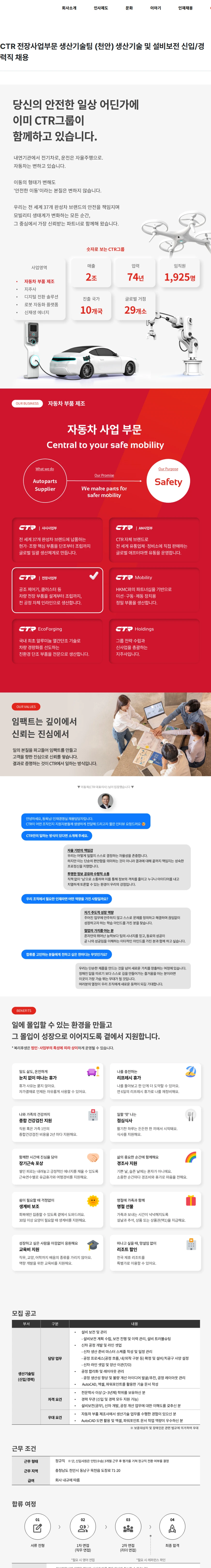 씨티알 CTR 전장사업부문 생산기술팀 (천안) 생산기술 및 설비보전 신입/경력직 채용 채용공고