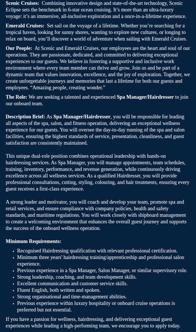 Scenic Tours Europe AG Spa Manager/Hairdresser - (Ocean) 채용공고
