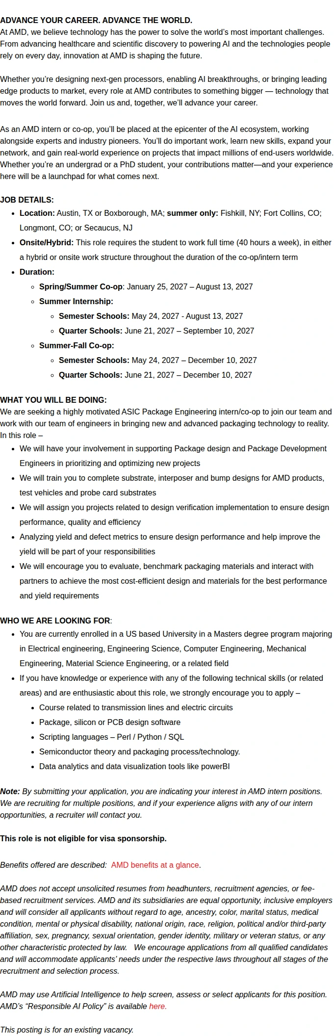 AMD 2027 Masters ASIC Package Engineering Co-op/Intern 채용공고